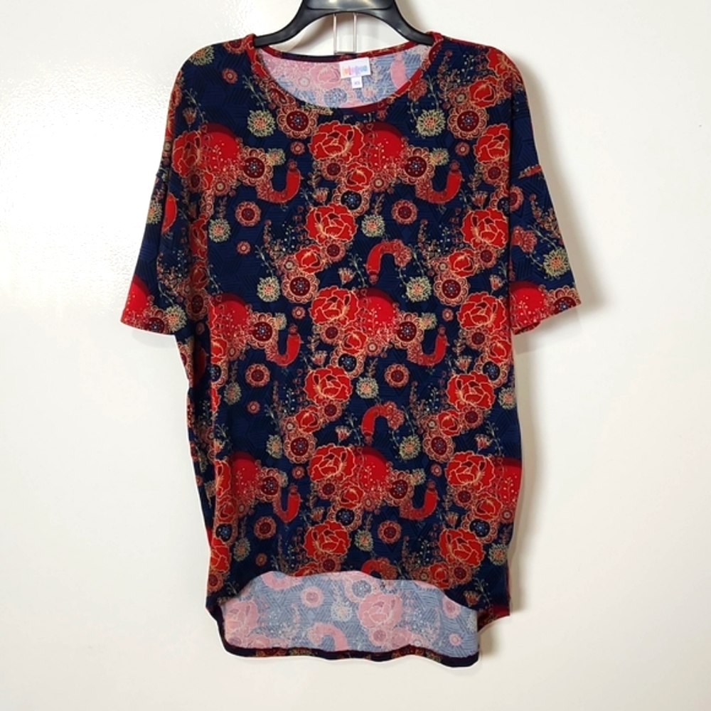 LuLaRoe Irma Tunic Top Blue and Red Floral Size XS